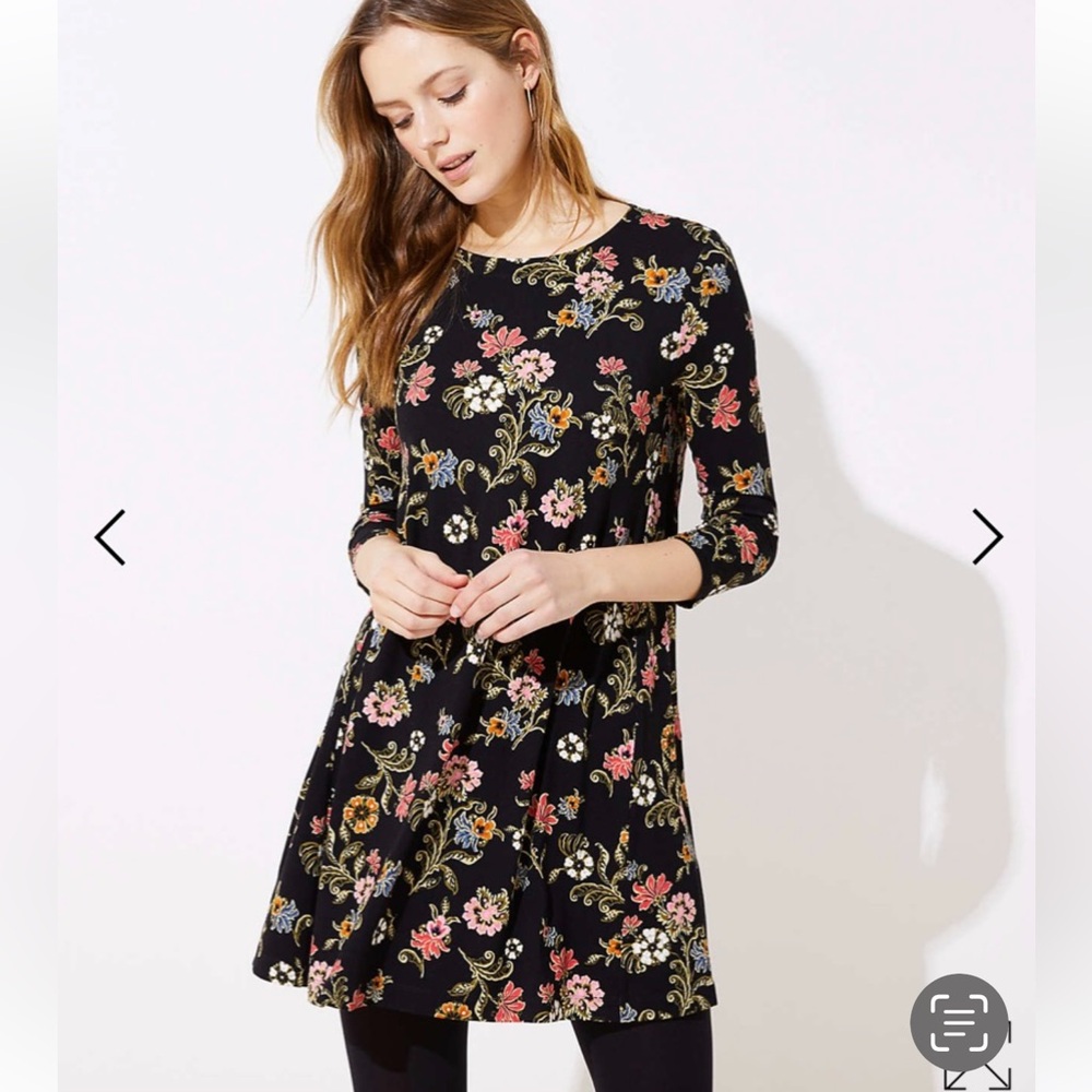 LOFT Floral 3/4 Sleeve Swing Dress